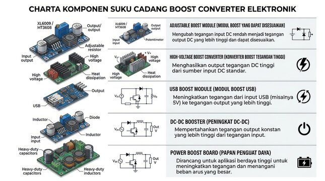 Corporate Diagram of Electronic Boost Converter Components with Visual Labels and Descriptions in Indonesian