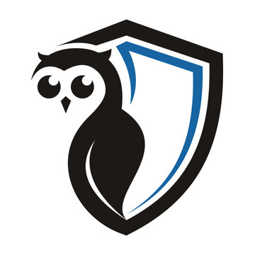 Owl with shield minimalist logo design vector.