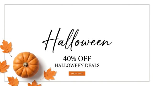 Halloween sale banner with orange pumpkin, fallen autumn leaves, and 40% off text on a white background