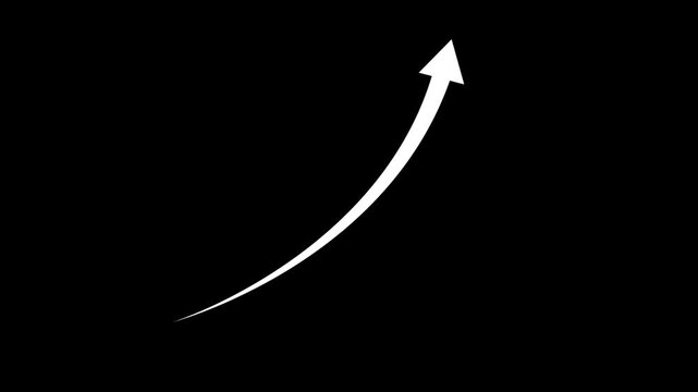 White upward curved arrow icon on clean black background, dynamic growth and progress symbol for business success, financial increase, development, direction, movement and analytics