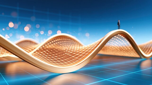 Abstract golden wave structure with glowing dots and grid pattern, small human figure standing on crest against blue background