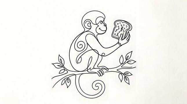 Minimalist Monkey Holding Pizza Line Drawing on White Background