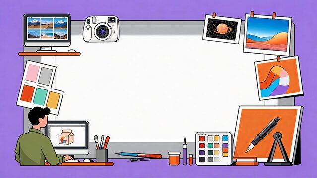 Creative designer working at digital workstation with art tools and purple background