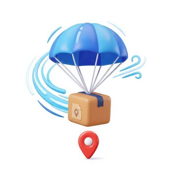 Parachute parcel delivery with location pin isolated on white background
