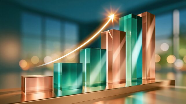 Abstract rising glass bar chart with glowing upward arrow, teal and copper tones, shallow depth of field, modern business growth concept
