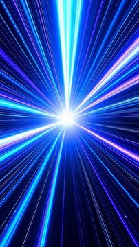 Abstract blue cosmic light rays exploding from center vertical neon light speed trails background zoom energy burst digital illustration