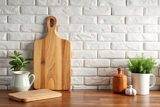 Kitchen Countertop with Wooden Cutting Board Utensils and Potted Plants Against White Brick Wall