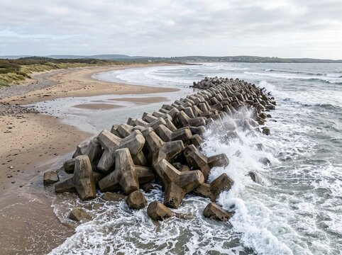 Concrete tetrapod breakwater protecting sandy beach and coastline from strong ocean waves