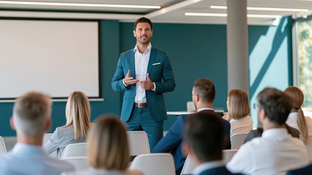 Man in teal suit presenting to small group in modern conference room with white chairs and blank projection screen