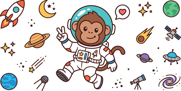 Cute Monkey Astronaut in Outer Space Vector Collection featuring Rocket Planet Moon Satellite Telescope UFO Comet and Stars Astronomy Icons Set