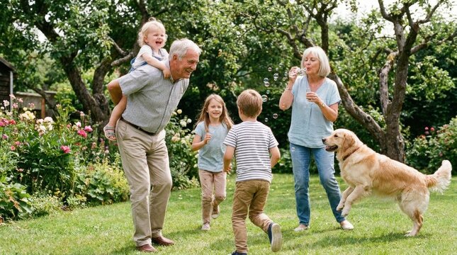 Joyful Multigenerational Family Playing Outdoors with Dog in Garden