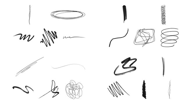 Collection of hand drawn black charcoal pencil strokes and abstract