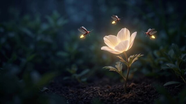 Glowing white flower with fireflies flying around in dark forest at night