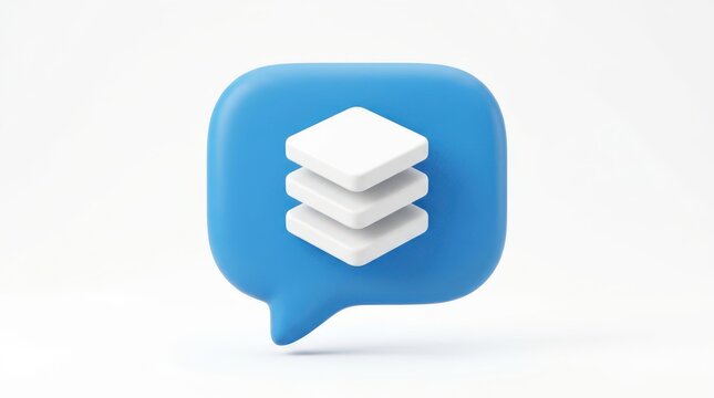 3d render blue speech bubble icon with stack of layers isolated on white background