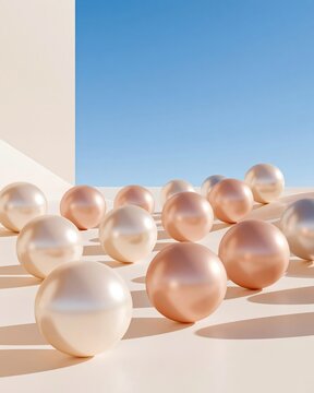 Smooth pearl spheres scattered on minimalist beige surface under bright blue sky, soft shadows and clean composition