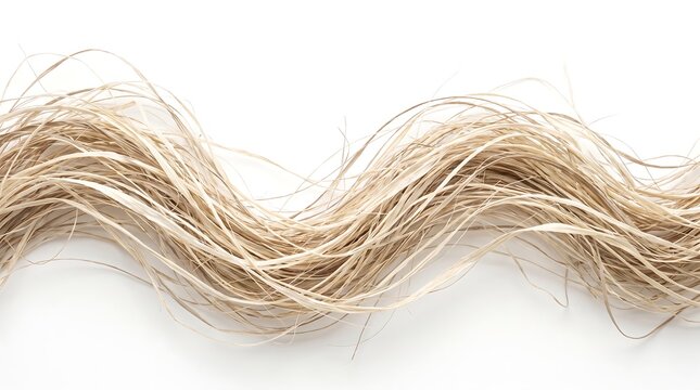 A wavy strand of natural dried raffia fibers for organic craft and decoration.
