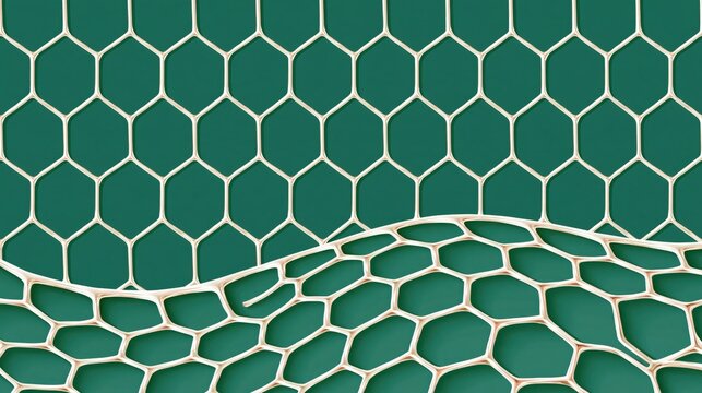 Abstract hexagonal grid structure with golden edges on deep green background, wavy lower section creating depth and modern geometric pattern