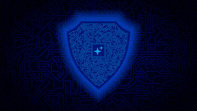 Technology Background Cyber Security Shield Icon with Circuit Board Pattern and Glowing AI Sparkles Vector 
