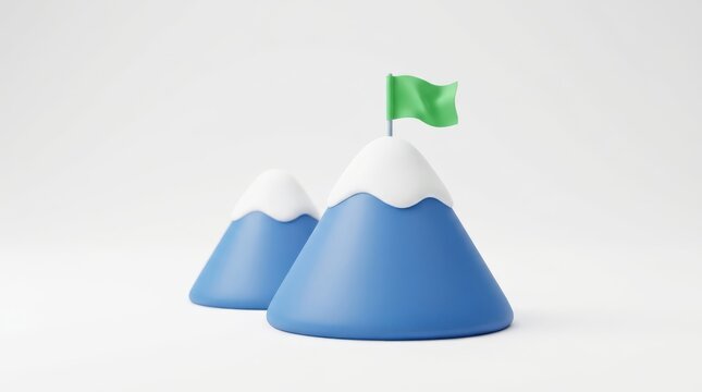3d mountain peaks with a green flag on top isolated on white background