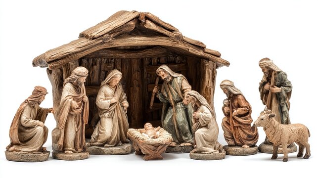 Miniature wooden nativity scene with figurines of baby Jesus and Mary during Christmas holiday celebration season