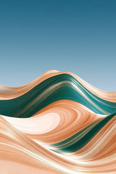 Abstract wave composition in teal and peach tones with flowing layered lines and gradient sky background