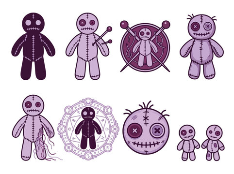 Set of stylized voodoo doll illustrations in purple tones and stitched designs.