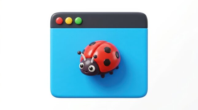 A 3d software window icon featuring a cute red ladybug, representing software debugging or development, isolated on white background