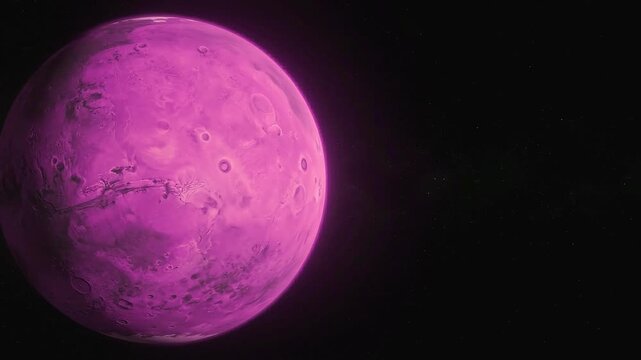 A vibrant purple planet rotating slowly against the dark void of deep space with scattered distant star fields