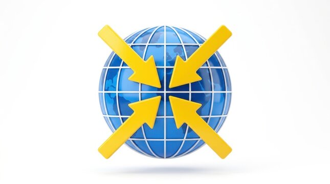 3d illustration of four yellow arrows pointing towards the center of a blue globe isolated on white background