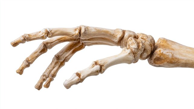 Human skeletal hand and wrist bones reaching forward on white background