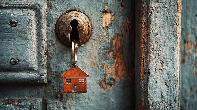 Rusty metal house key hanging from keyhole on weathered blue wooden door with peeling paint showcasing rustic architectural details