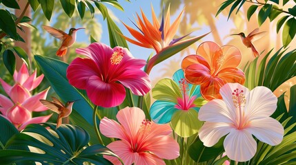 Obraz premium Vibrant tropical flowers including hibiscus and bird of paradise with hummingbirds flying among lush green foliage under warm golden sunlight