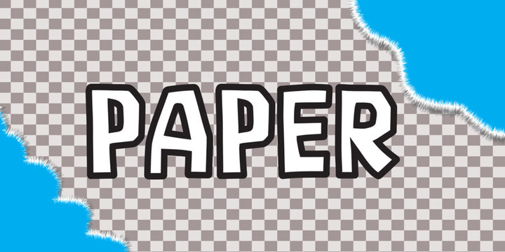 Paper word typography with torn edges and blue textured background, vector illustration with transparent checkered pattern for creative graphic projects