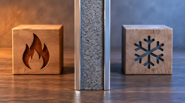 Wooden cubes with fire and snowflake symbols separated by thermal insulation wall.