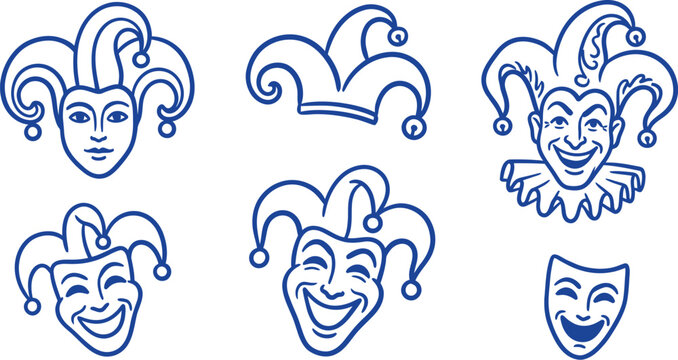 Set of blue line art vector illustrations featuring jester faces and carnival hats isolated