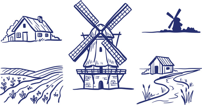 Set of blue line art vector illustrations featuring windmill country landscape and rural buildings isolated