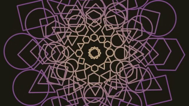 Abstract purple and orange geometric mandala patterns on black background