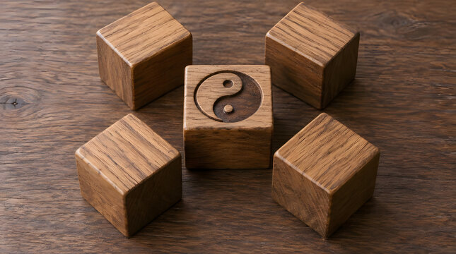 Wooden Cubes with Yin Yang Symbol Representing Balance and Harmony.