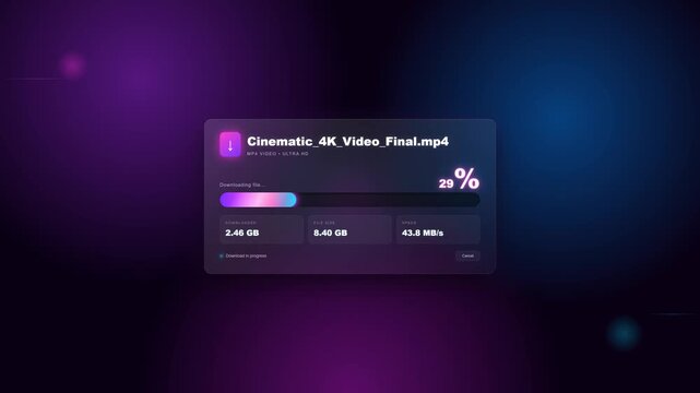Modern UI window showing 4K video file download and rendering progress bar at 29 percent on dark purple gradient ambient background
