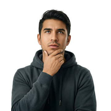 Entrepreneur software developer hoodie isolated pensive young Hispanic man thinking on a transparent background for professional business projects