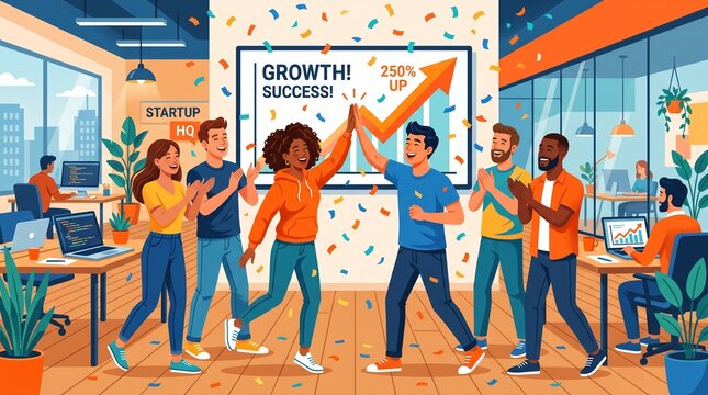 Startup Team Celebrating Success High Five in Office, Business Achievement Vector