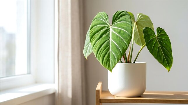 Philodendron Gloriosum Heart Leaf Plant In White Pot On Wooden Shelf By Window