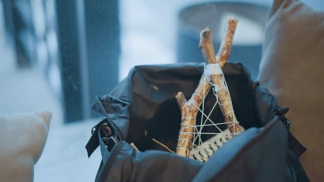 Close up of small teepee structure made from sticks and string inside open black bag. scene features soft lighting with natural textures visible on wooden objects set against blurred