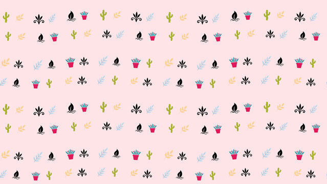 Seamless pattern of stylized plants and decorative elements