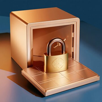 Golden padlock inside open metallic safe box on blue background, security concept with warm lighting and reflective surfaces