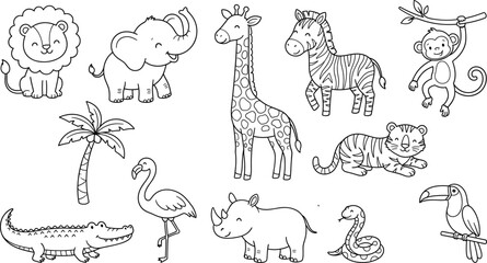Obraz premium Vector line art icon set of cute safari animals featuring lion elephant giraffe zebra monkey tiger and crocodile isolated on white background