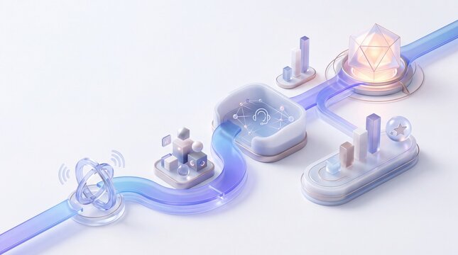 Digital data network workflow and information processing system. Connected nodes. Glowing paths and analytical charts. 3D isometric illustration for corporate technology and software platforms