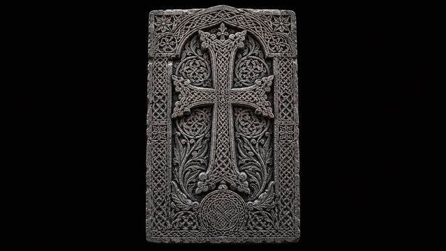 Armenian khachkar stone carving traditional handcraft dense pattern dark background cultural heritage art