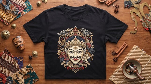 Black T shirt Featuring Traditional Javanese Wayang Mask Illustration