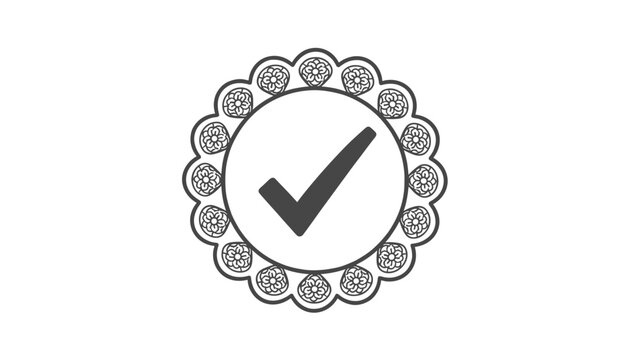 Check mark inside an elegant circular medallion with intricate decorative floral lace details around the edge.